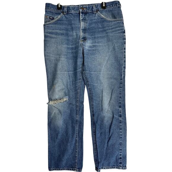 Vintage Lee Jeans Mens Size 38 Blue Dark Wash Denim Distressed Ripped STAINS - Picture 1 of 6